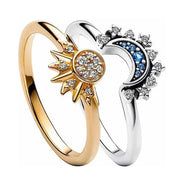 2pc/set Celestial Elegance: Blue Crystal Moon-Sun Silver Ring