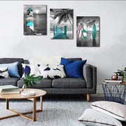 3 Panels Ocean Lighthouse Palm Tree Surfboard Wall Art