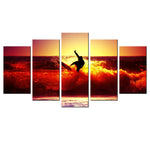 Load image into Gallery viewer, HD PRINTED  SURFING ON RED WAVES AT SUNSET 5 PIECE CANVAS - Surf Sun Sea
