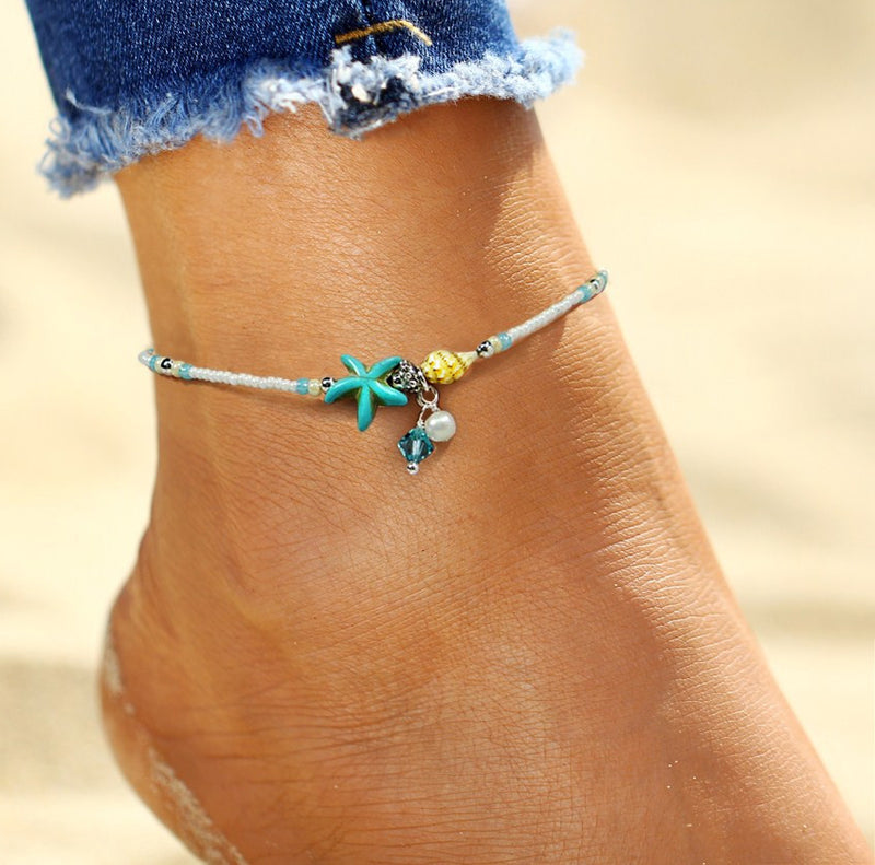 Beach Theme Anklet, Seashell Starfish Charm